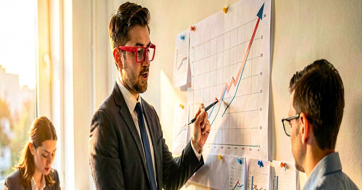 An economist in red-framed glasses points at rising line charts pinned on an office wall while a colleague reviews printouts, natural morning light