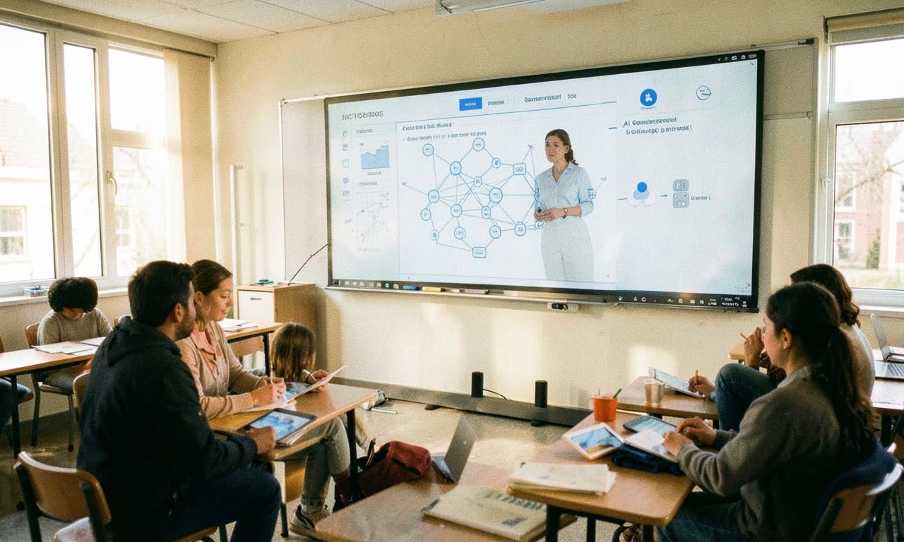 School classroom with AI governance framework on screen, teacher guiding students