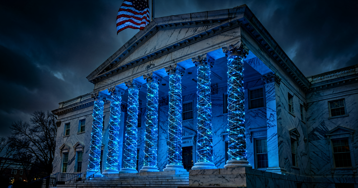 A classical marble columned government building with an American flag, columns wrapped in fiber optic cables glowing with blue light