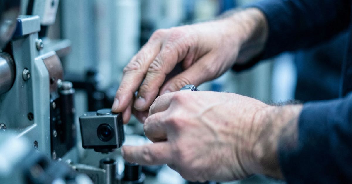 A close-up photograph of human hands working on a factory assembly line, wearing wrist-mounted cameras, shallow depth of field.