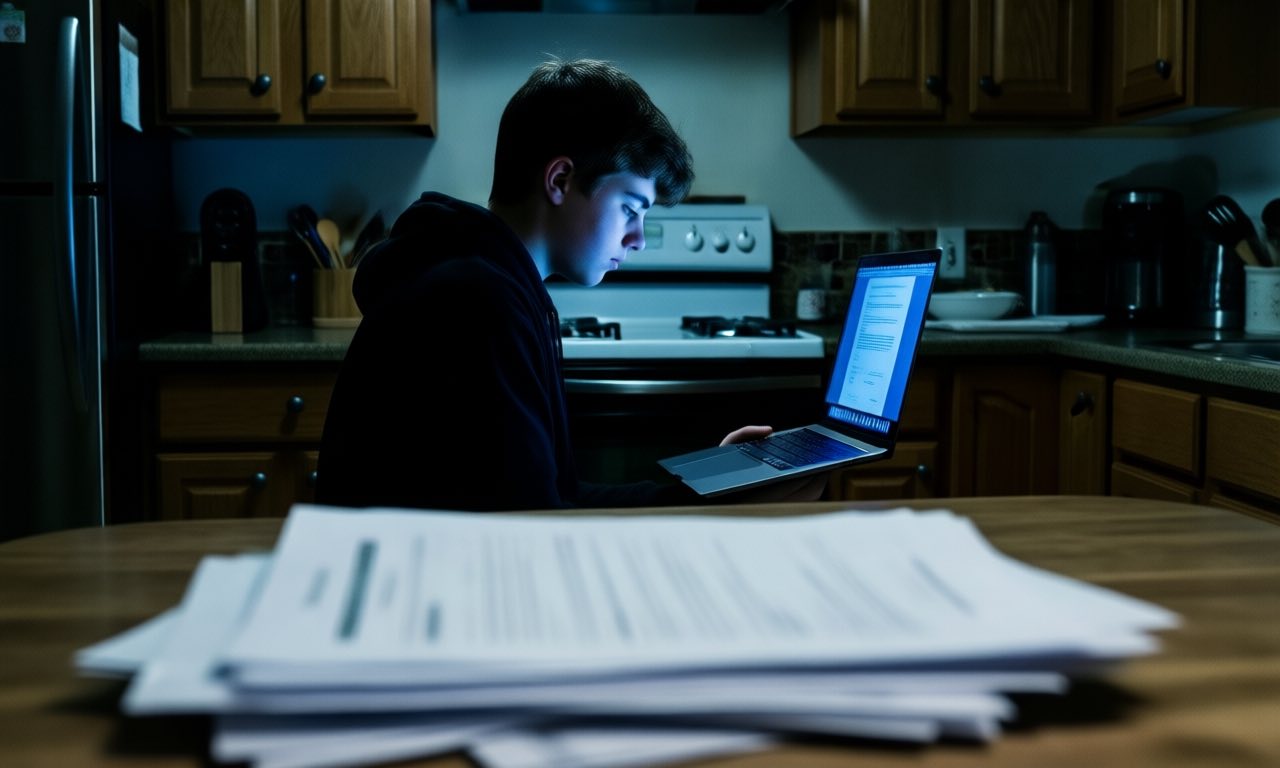 A teenager lit by laptop glow in a dark kitchen next to printed court documents