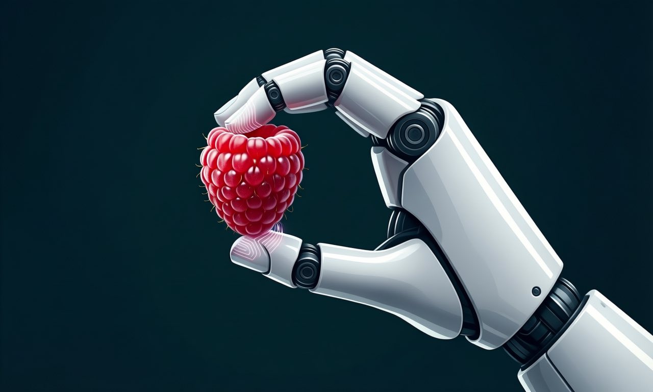 Minimalist editorial illustration of a sleek white robotic gripper gently holding a raspberry between two fingers, glowing force-sensor lines on the fingertips against a dark teal background