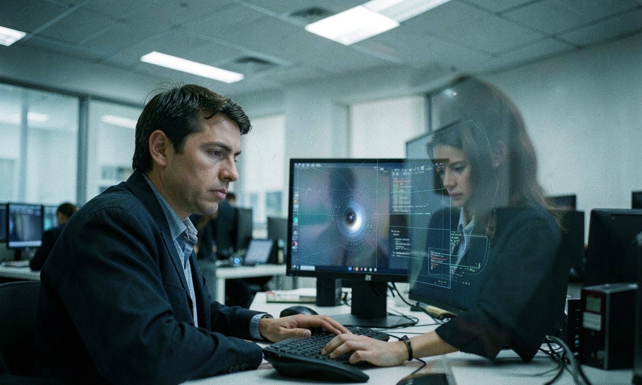An office worker at a desk with a small camera lens reflected in the monitor, cold overhead fluorescent light, documentary style