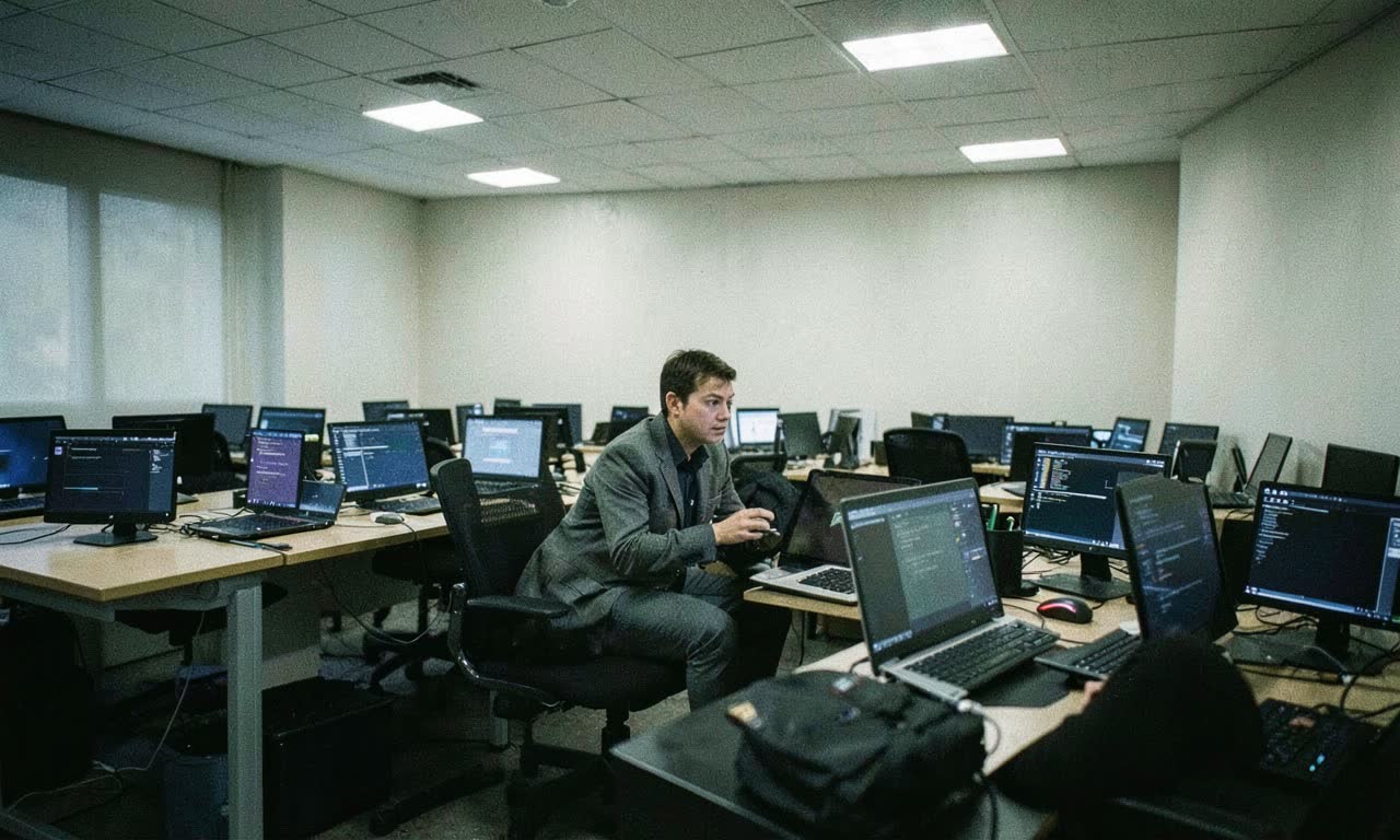 Empty corporate training room with AI laptops on desks, no instructors, harsh fluorescent lighting, documentary style photography