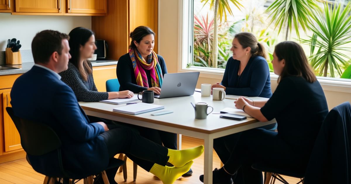 A mixed group of five New Zealand office workers around a kitchen table in a bright home-office training session, a woman with a colourful scarf leading with a laptop, coffee mugs and notebooks, native plants outside the window, warm natural light, documentary editorial photography