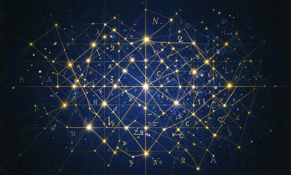 Abstract geometric grid pattern with glowing points and connections dissolving into algebraic symbols, documentary style, dramatic lighting