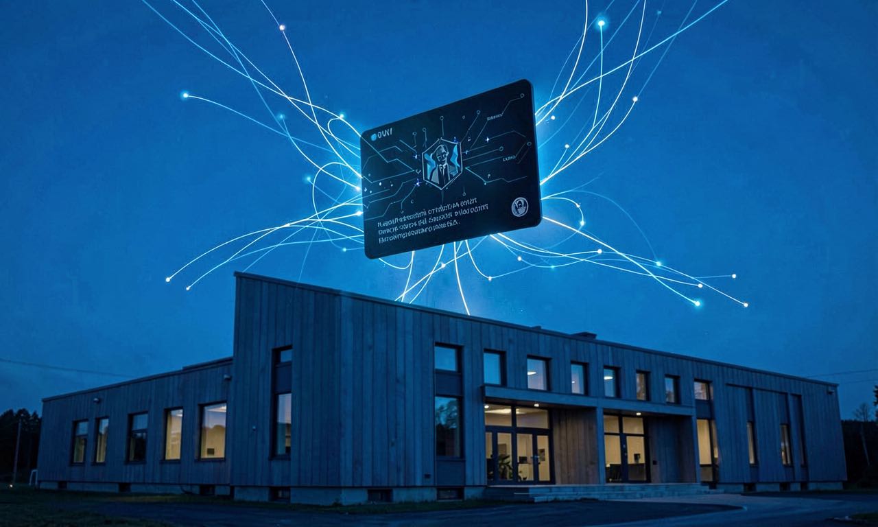 A dark digital identity card floating above a minimalist Nordic government building at blue hour, abstract data streams connecting them