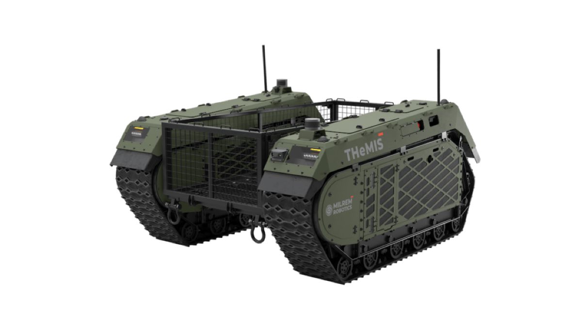 A real product photo of the Milrem Robotics THeMIS unmanned ground vehicle, an olive-green tracked platform with a cargo bed and antenna, shot on a plain dark background