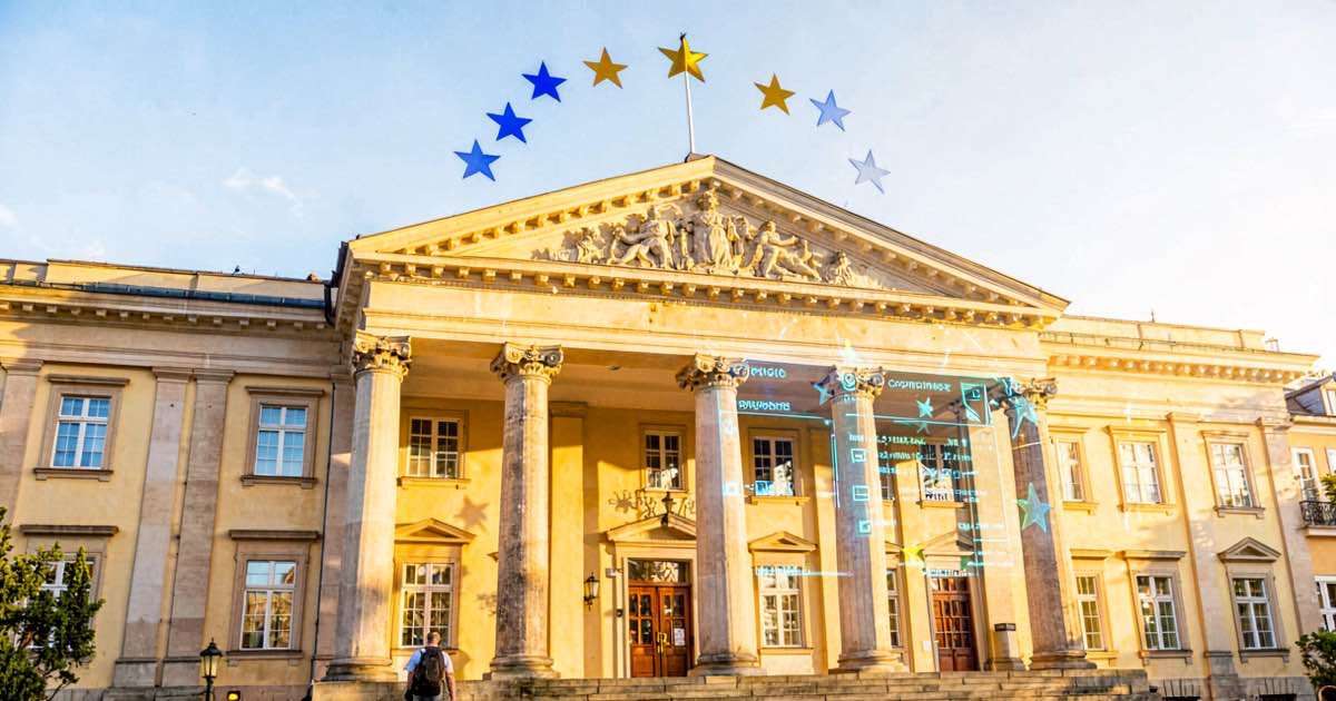 A bright sunlit European courthouse with a digital AI compliance checklist projected on the facade, blue and gold EU colours, vibrant morning light, no text visible