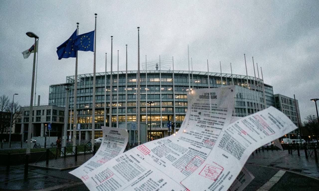 European Parliament building in Brussels at dusk with EU flags, regulatory documents in foreground, muted colors, documentary photography style