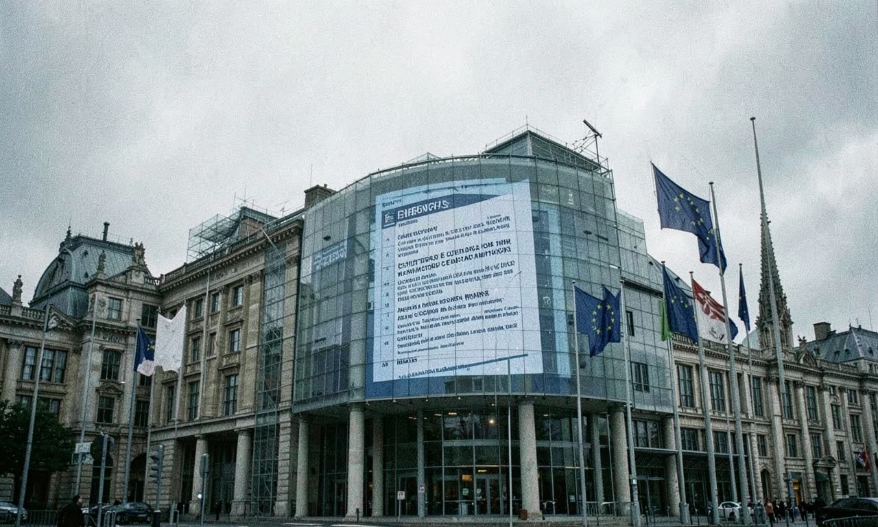 European Commission building with regulatory document overlaid on digital screen, overcast Brussels sky, documentary style