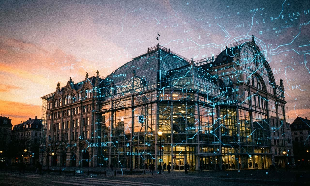 European Parliament building at dusk with digital AI circuitry overlaid