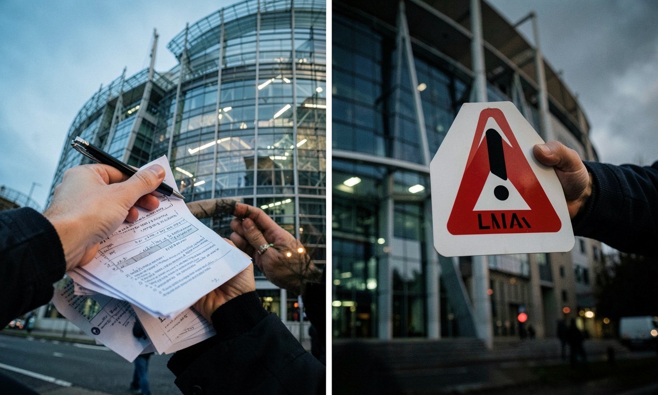 The European Parliament building in Brussels with one hand holding a pen over paperwork and the other hand pointing a warning sign, split lighting, documentary style
