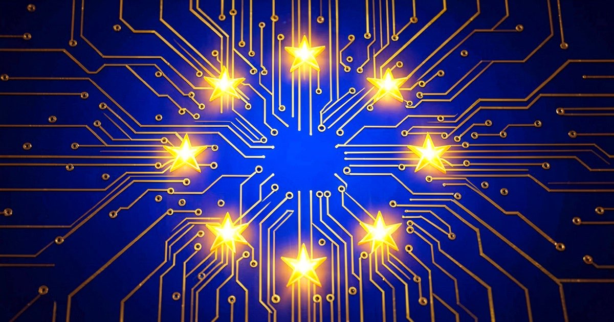A bright blue and gold EU flag rendered as a digital circuit board, with the circuit traces forming the 12-star pattern, symbolising the EU's new AI enforcement infrastructure.