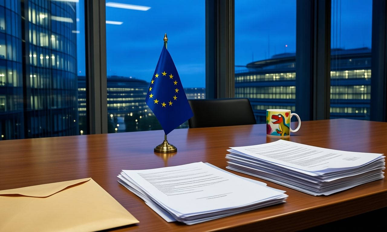 A dim European Commission press office at night, a small EU flag on a brass stand beside neat stacks of printed legal documents and a colourful dinosaur mug, Brussels towers glowing through the window.
