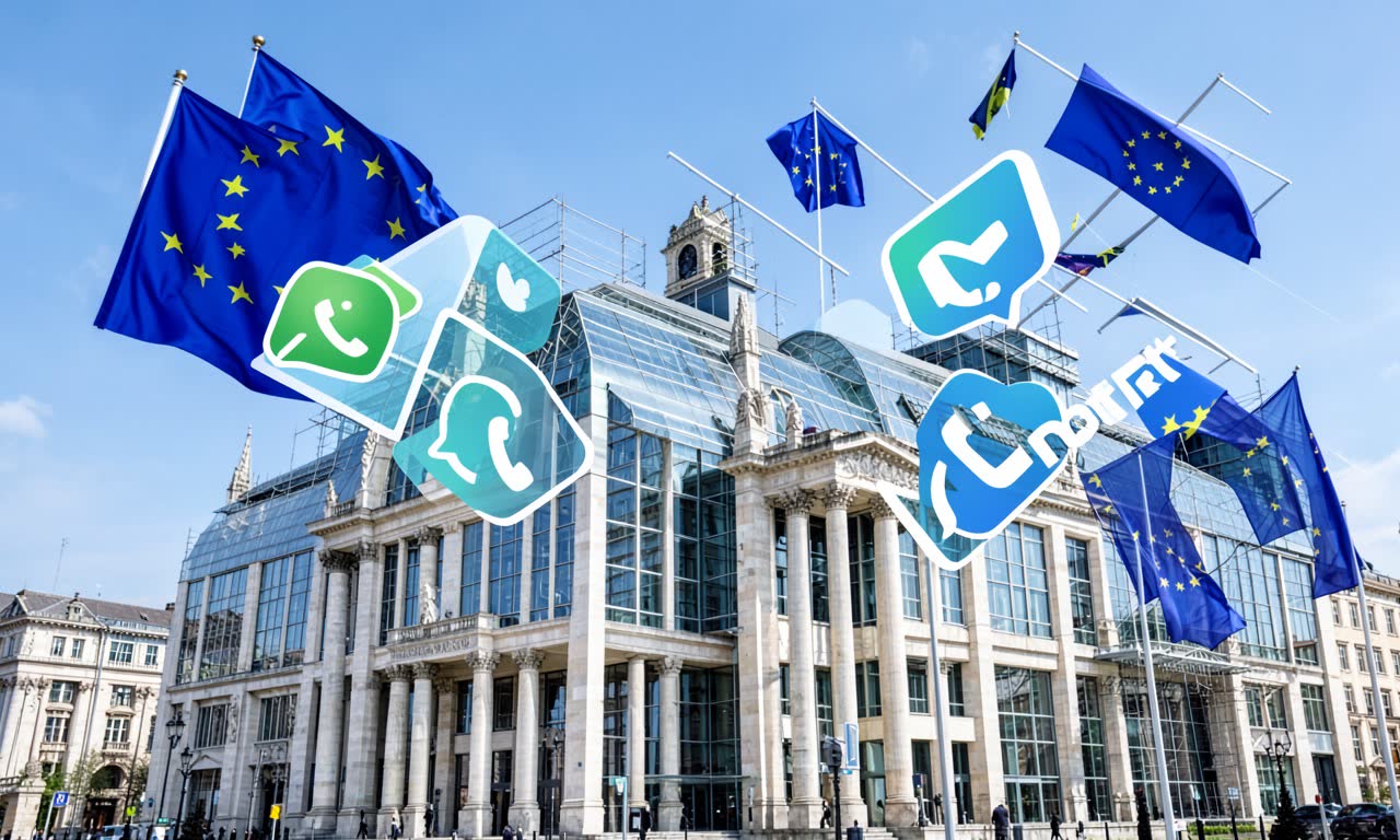 European Commission flags alongside WhatsApp and ChatGPT app icons