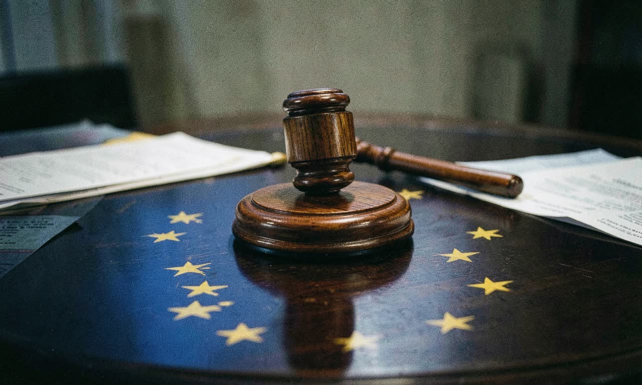 A wooden gavel on a desk with EU flag colours reflected in the surface, symbolising AI legal compliance testing