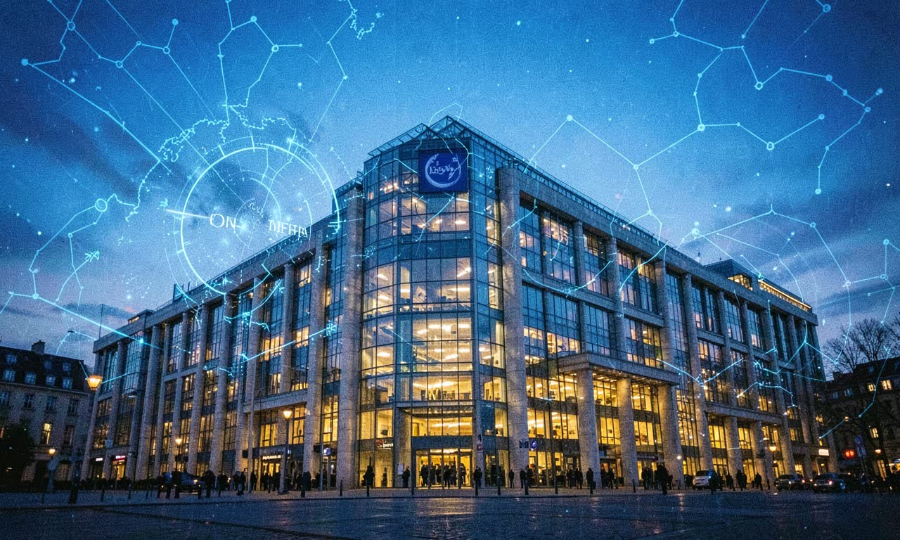 European Commission building with digital security overlay, diplomatic lighting