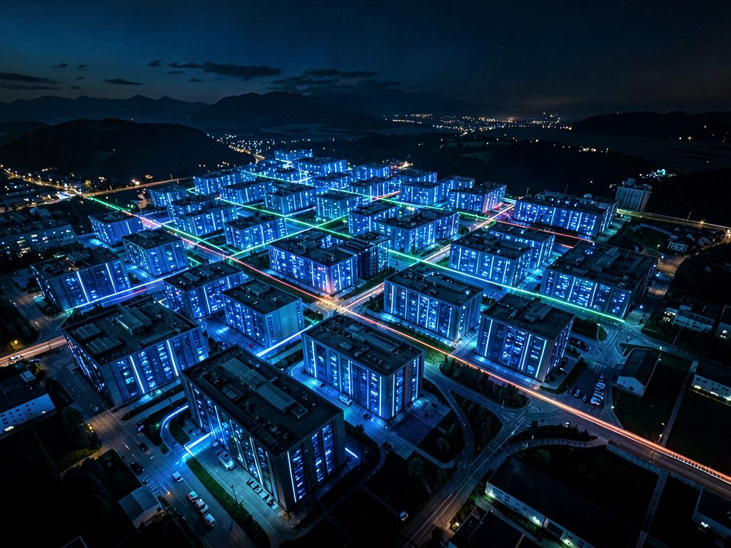 A grid of European supercomputer data halls linked by glowing fiber lines, dramatic blue datacenter lighting, photojournalistic