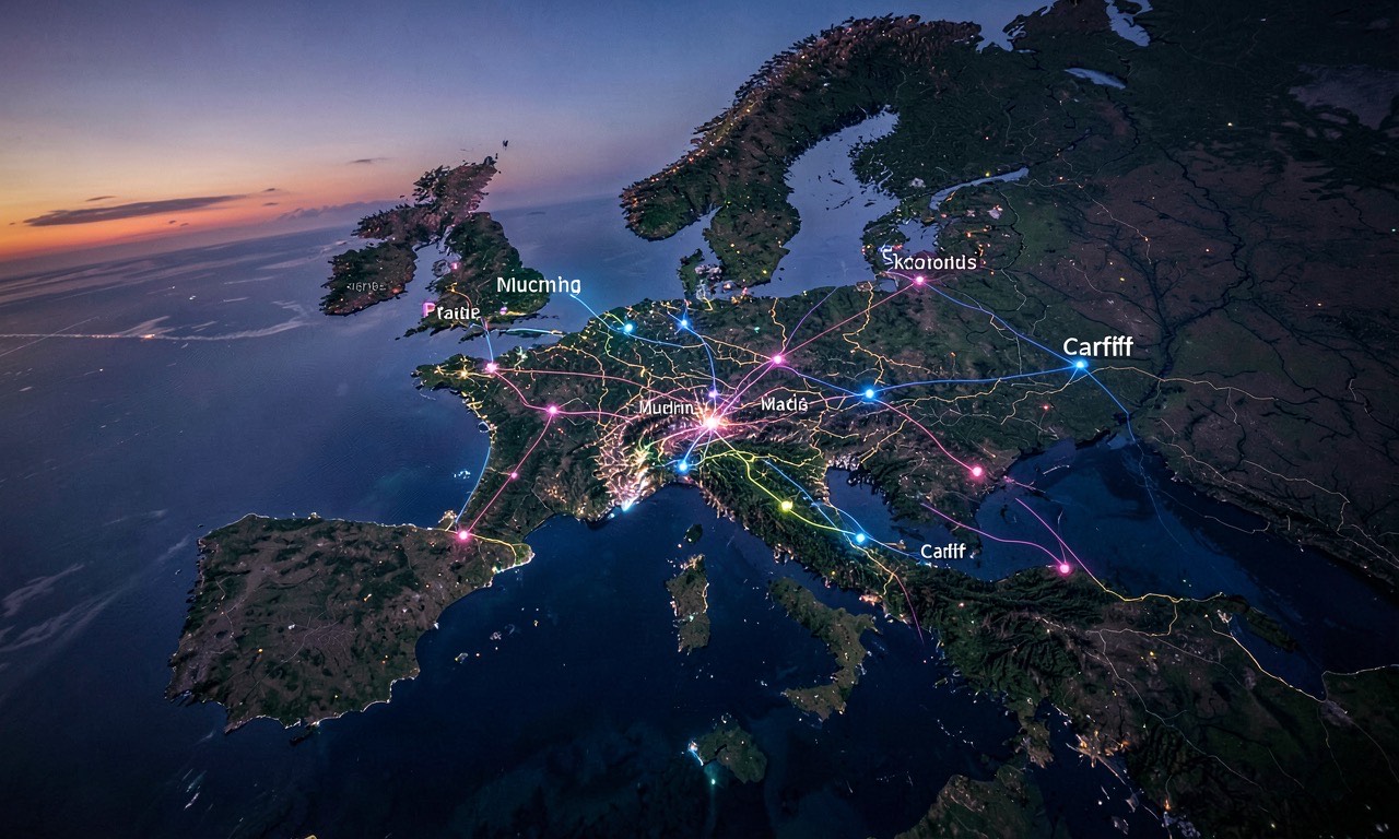 A map of Europe with glowing tech hub nodes connecting between Prague, Munich, Madrid, and Stockholm, photojournalistic style, documentary lighting