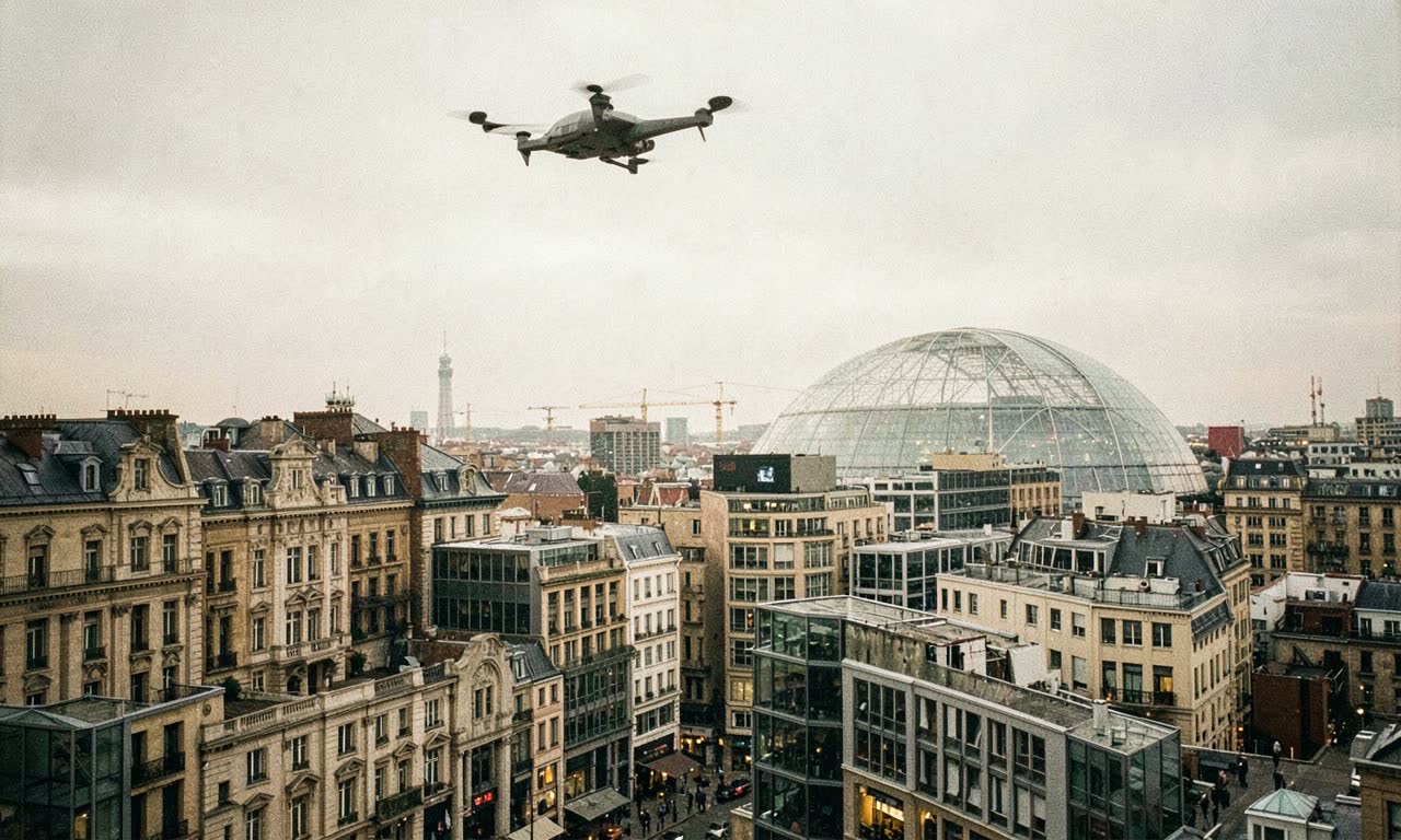 European city skyline with tech overlay, mixed architecture old and new, documentary photography style