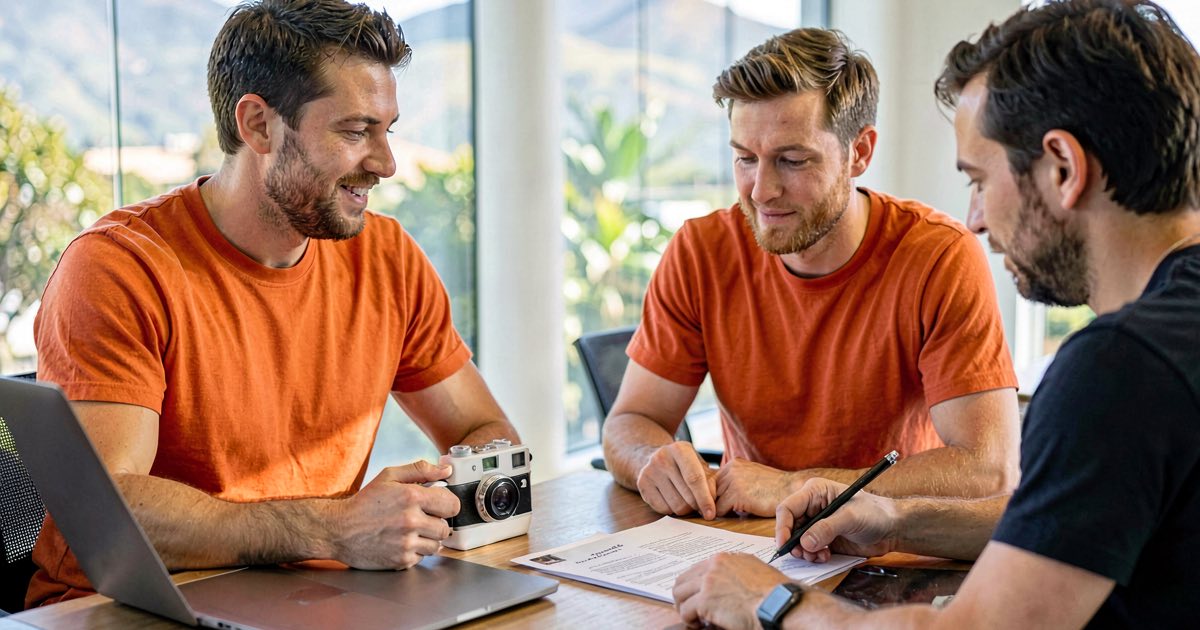 Three hiring managers reviewing printed job applications at a meeting-room table, one holding a pen over a document, bright office with morning light through the windows, a small camera on the table, documentary editorial photography