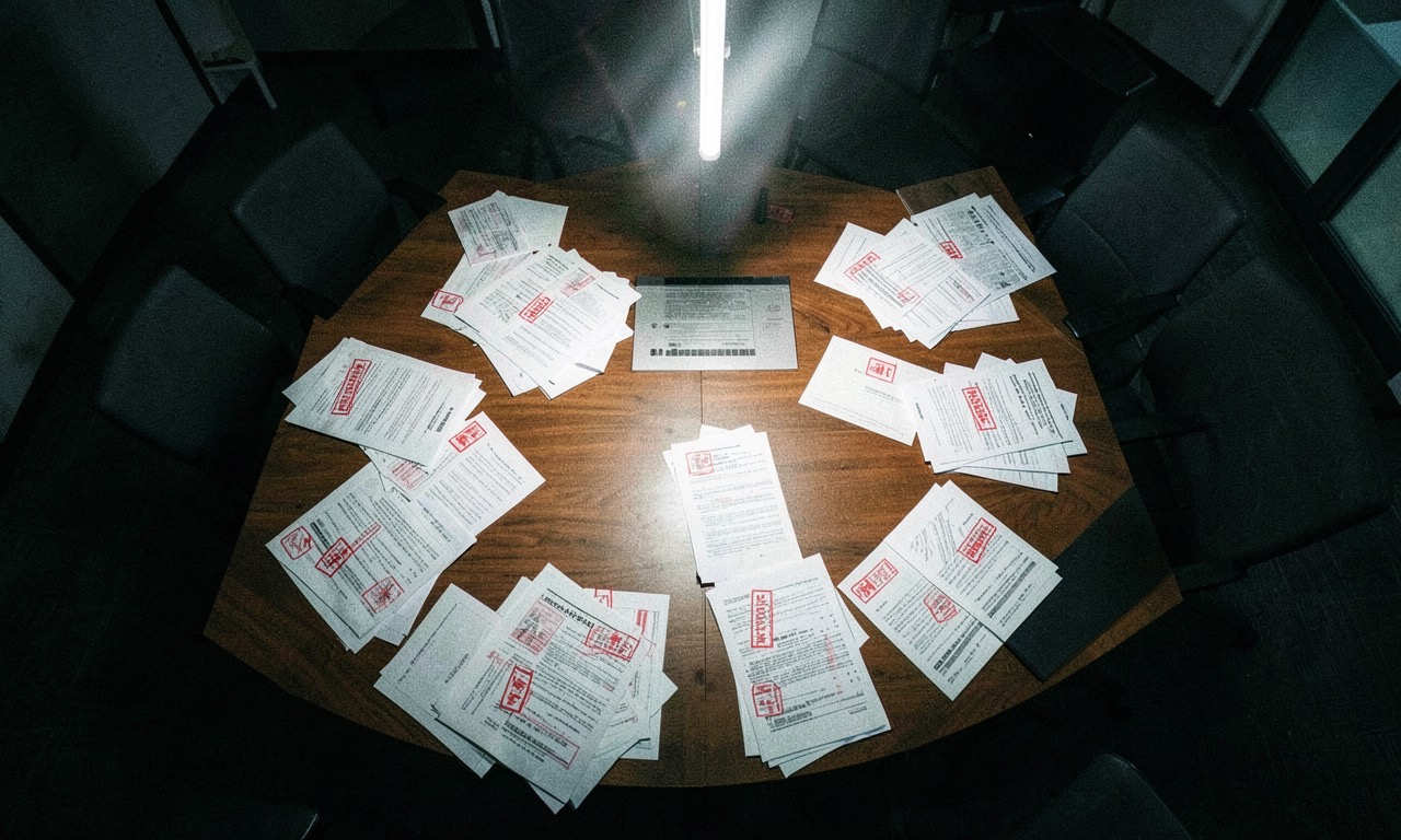Corporate boardroom with scattered documents and red warning markers, dramatic overhead lighting