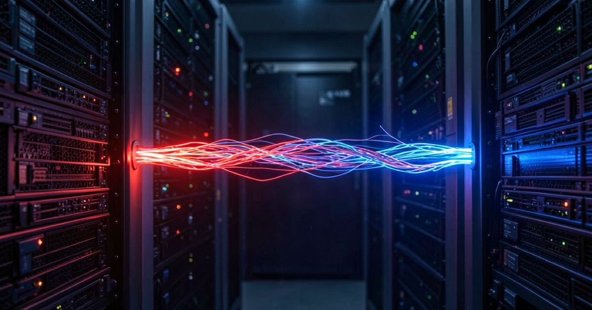 A severed network cable between two server racks, representing physical isolation of systems from the internet