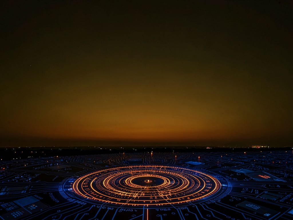 Abstract editorial composition of a glowing circuit-board kernel silhouette against a dark amber dusk sky, with code fragments dissolving into light