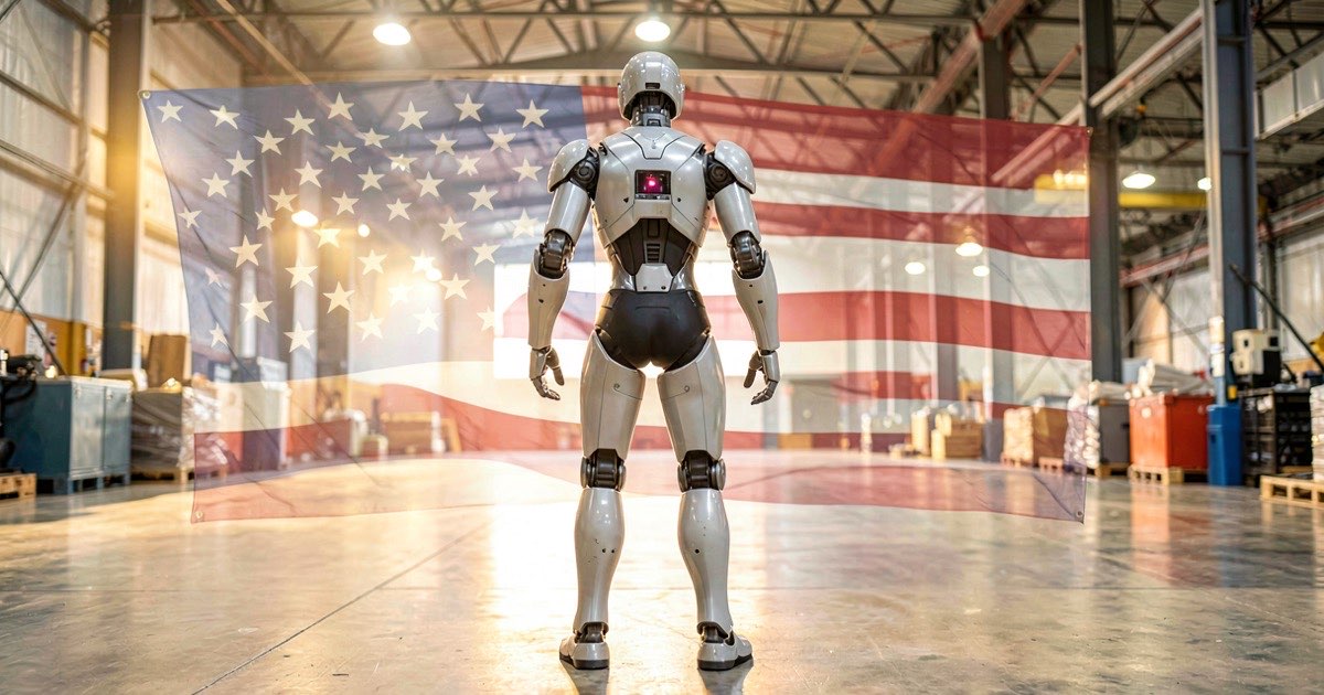 A humanoid robot standing in a warehouse, with a faded US flag overlay suggesting national security tensions around robotics imports.