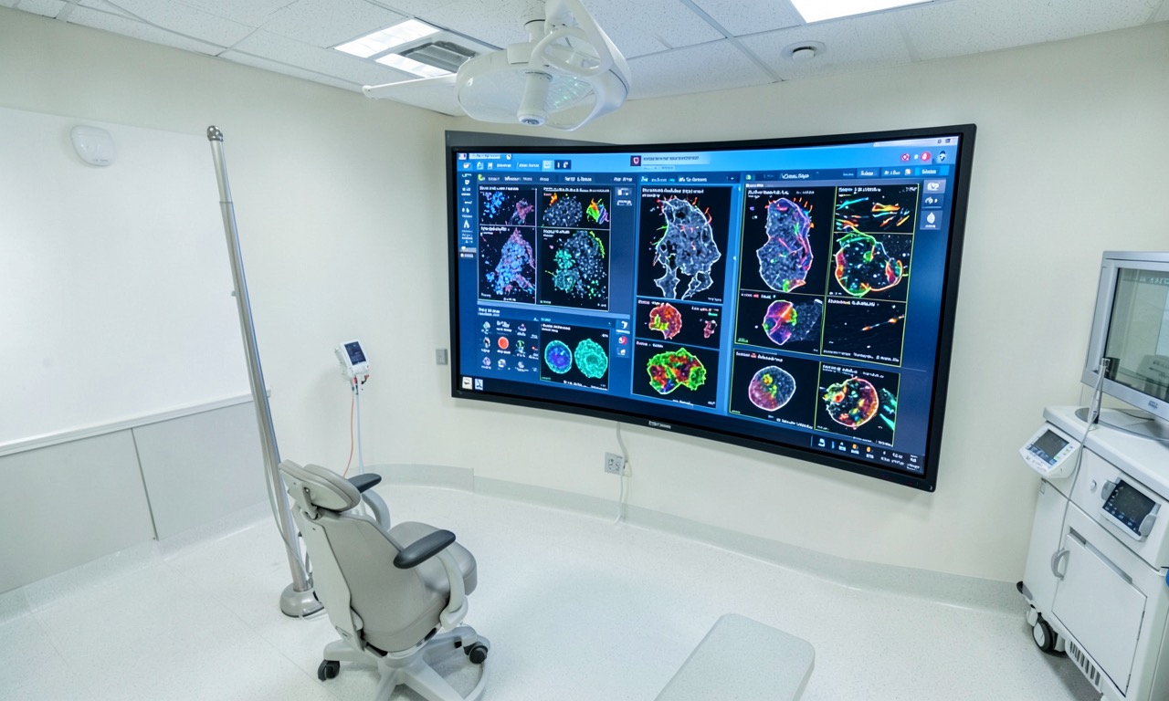 A hospital radiology room with an AI display showing multi-cancer detection on a screen, clean clinical lighting, photojournalistic style