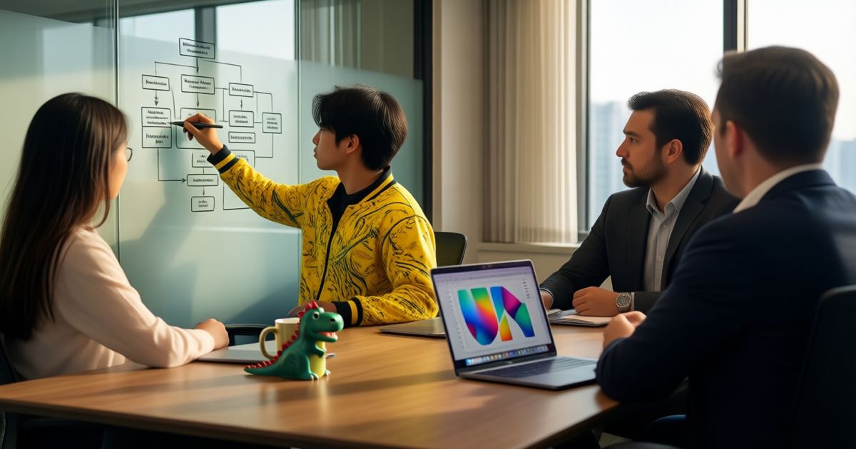 Two AI deployment engineers seated beside two client managers at a wooden meeting-room table, one young engineer in a bright yellow patterned jersey sketching a diagram on a glass wall, a dinosaur-shaped mug on the table, warm afternoon light, documentary editorial photography