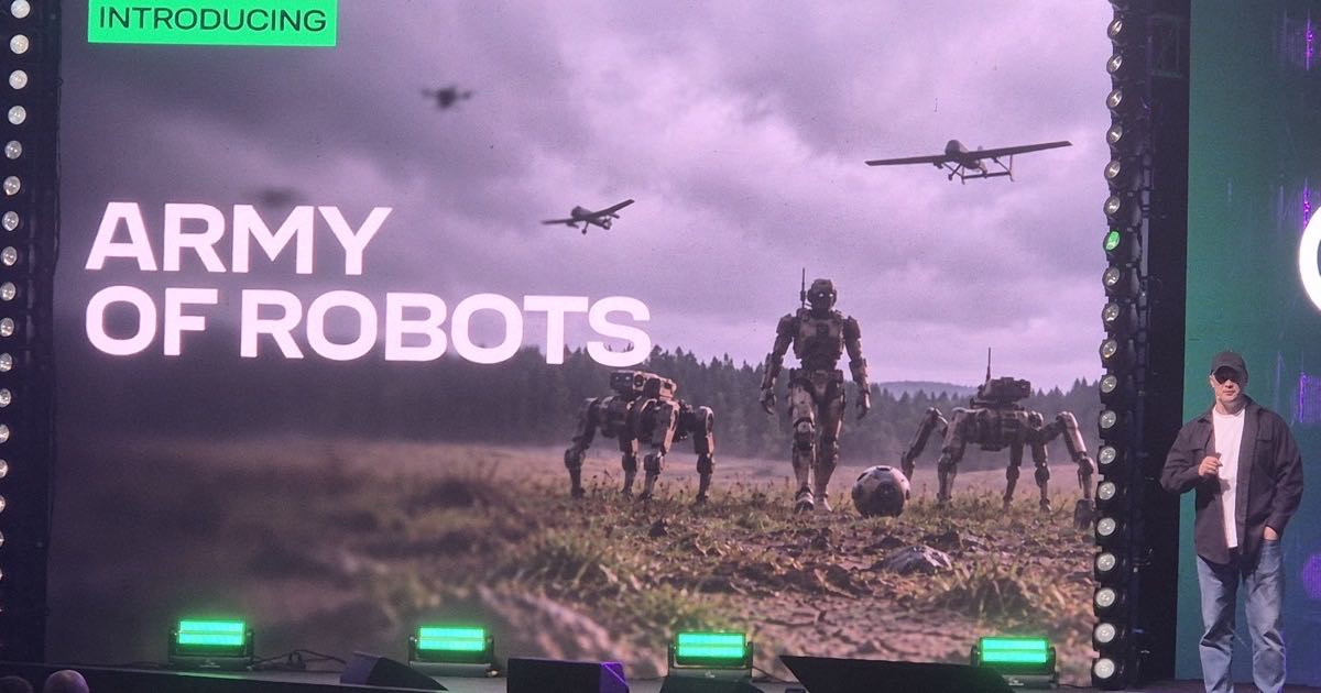 A stage presentation screen reading 'Introducing Army of Robots' shows a humanoid robot and quadruped machines walking across a battlefield landscape while drones fly overhead