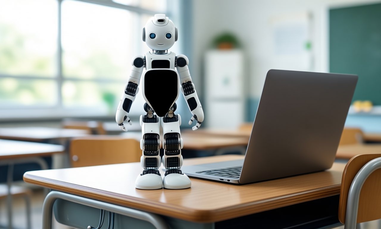 A small white desk-sized bipedal humanoid robot standing on a wooden classroom desk beside an open laptop in bright daylight.