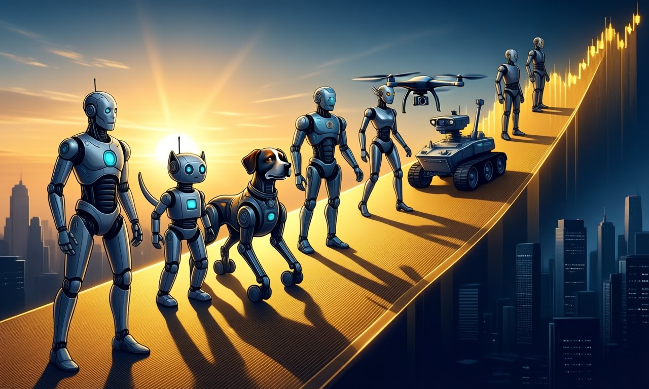 A lineup of varied robots — humanoid, quadruped, drone and tracked rover — standing on an upward-sloping golden ramp toward a bright sunrise above a city skyline