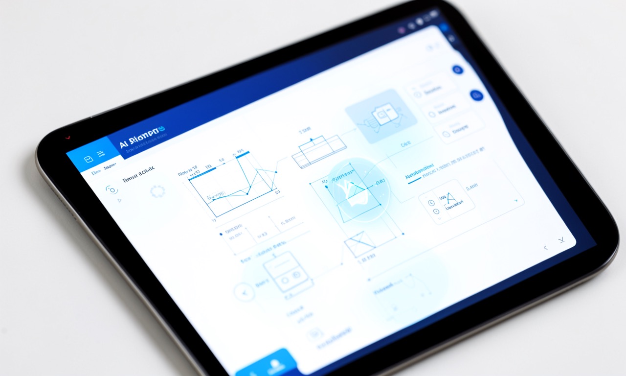 A digital design workspace with a glowing AI assistant interface element, wireframes and UI components on screen, clean modern aesthetic, overhead shot