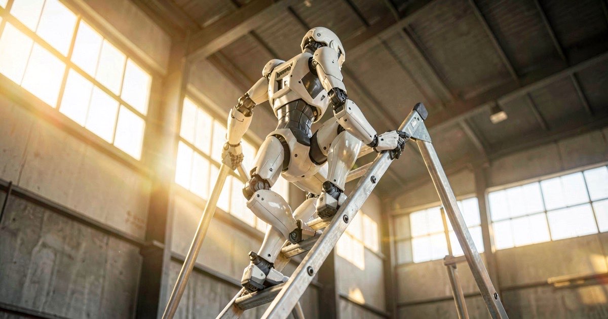 A white and grey humanoid robot ascending a metal ladder in a bright industrial space, viewed from a three-quarter angle.
