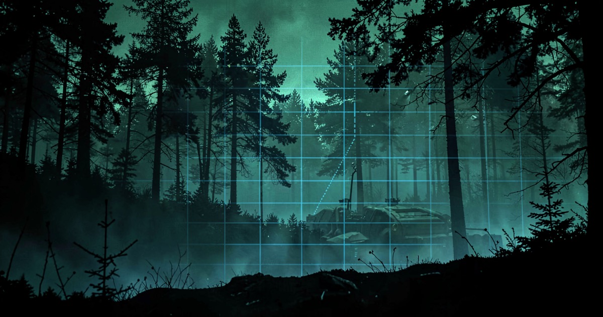 Abstract composition of a dark Nordic forest silhouette with a faint blue digital grid overlay in misty atmospheric lighting