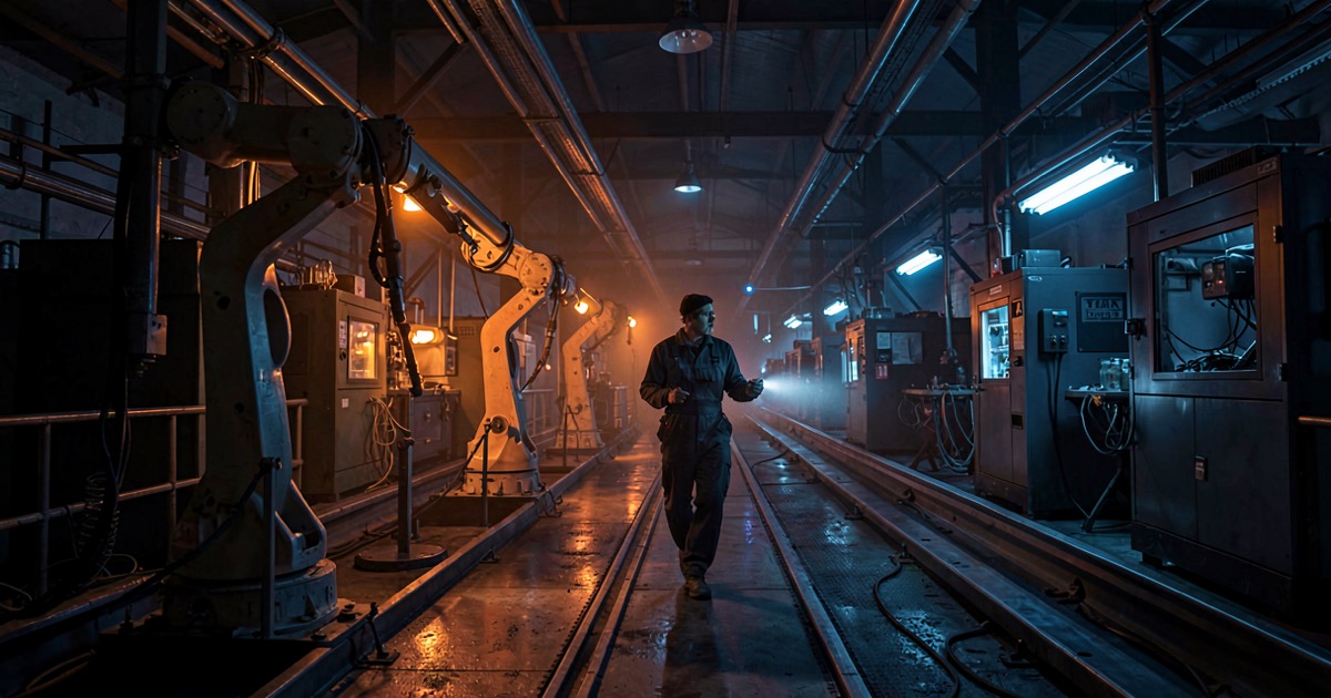 A dark moody automotive assembly line with robotic arms retracted and idle, a single human worker with a flashlight inspecting the line