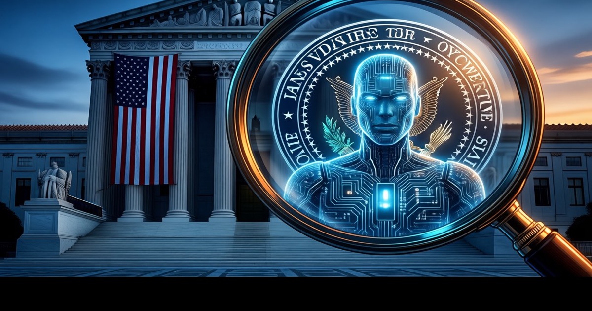 A glowing translucent AI agent stands inside a giant magnifying lens cast by a government seal in front of a neoclassical regulator building at dusk