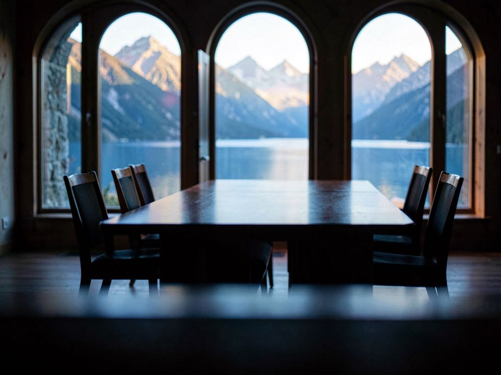 A long formal G7 summit lunch table in a French alpine resort setting, name placards in front of empty chairs, soft window light through tall windows