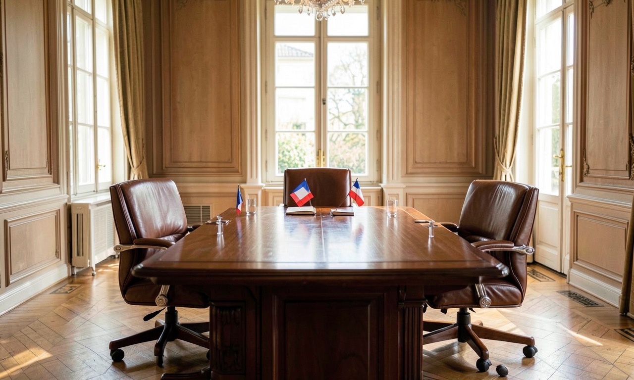 A formal summit table with three empty chairs and French tricolor place cards, morning light through tall windows in an Élysée-style conference room