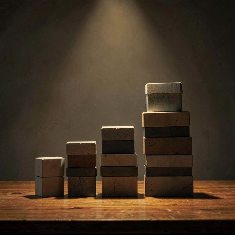A bar chart silhouette rising from a wooden desk surface, no labels, no numbers, no text, no axes visible, single warm overhead light, photorealistic, abstract, moody