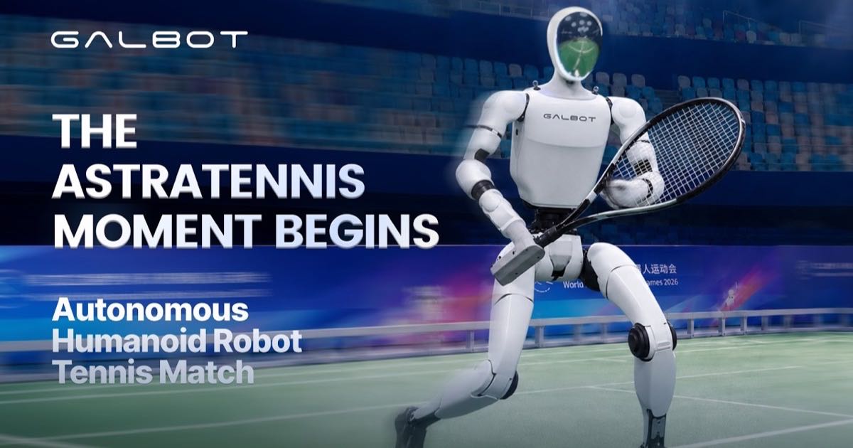 A Galbot humanoid robot playing tennis against a human athlete at the World Humanoid Robot Games in Beijing, August 23, 2026.