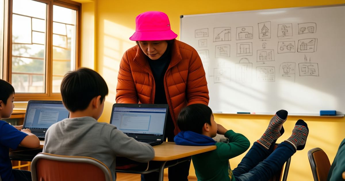 A mixed-age group of workers around a laptop in a warm brick office, one woman in a mustard-yellow cardigan with a mug shaped like a dog, a man in a patterned jersey pointing at the screen, documentary editorial photography