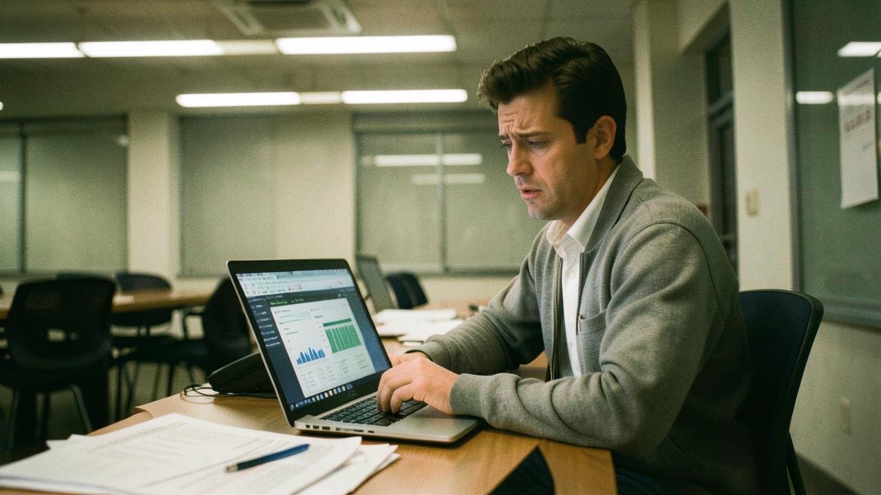 An office worker sitting at a desk with a laptop and scattered documents, looking thoughtful with mixed emotions, warm overhead lighting, documentary photography style