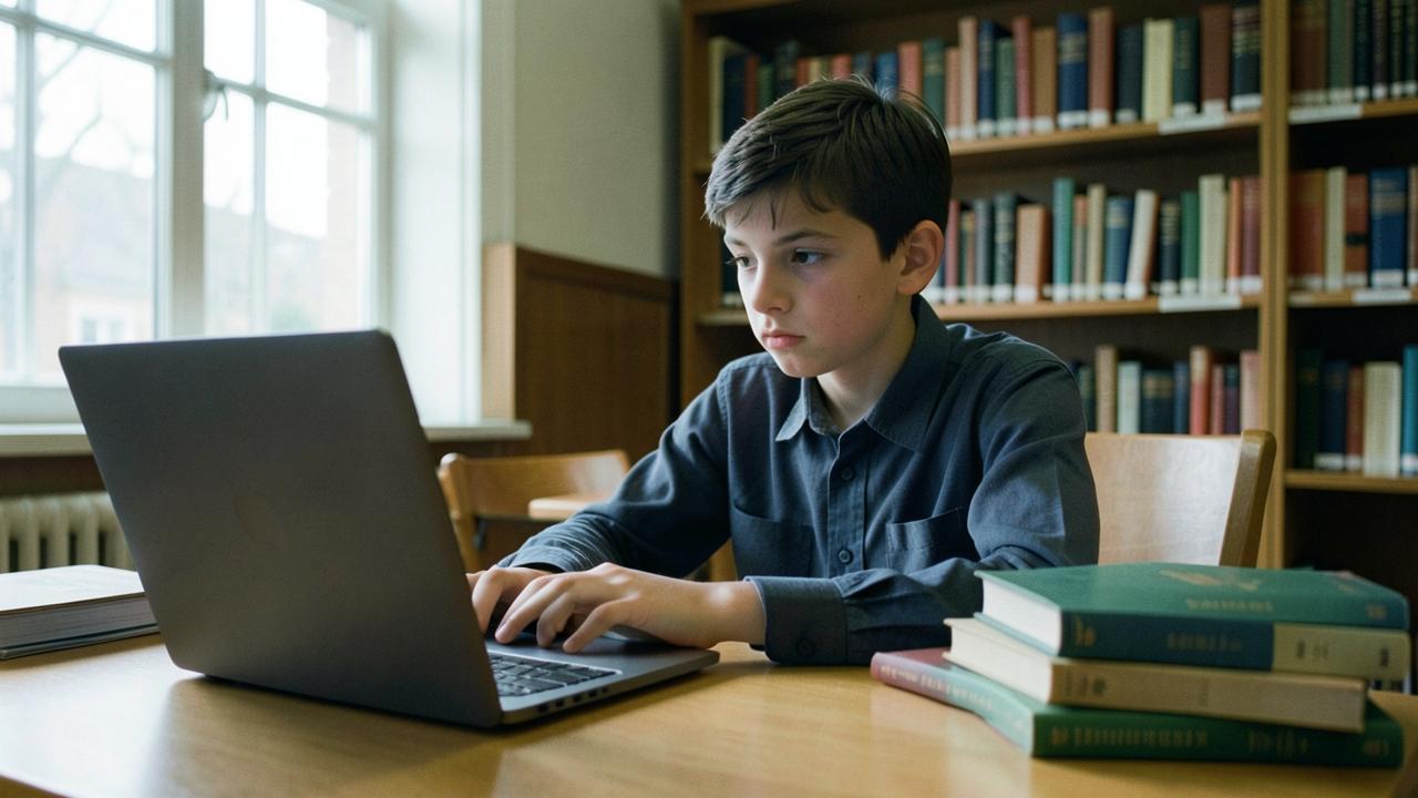 A student looking at a laptop screen with a skeptical expression, classroom background, natural light, documentary photography style