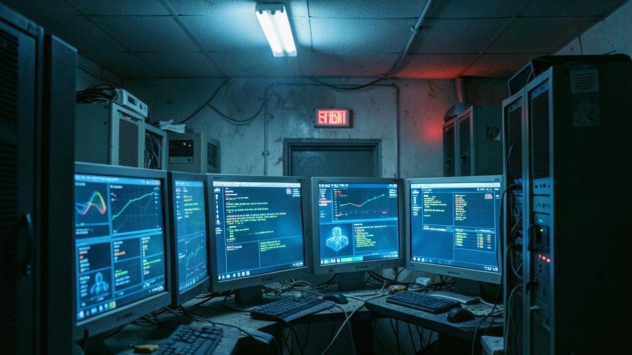 Abandoned server room with flickering screens showing AI dashboards, cold lighting, documentary style