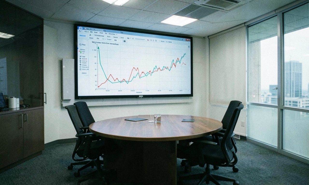 Empty corporate boardroom chair in front of a screen showing declining ROI charts, cold fluorescent lighting