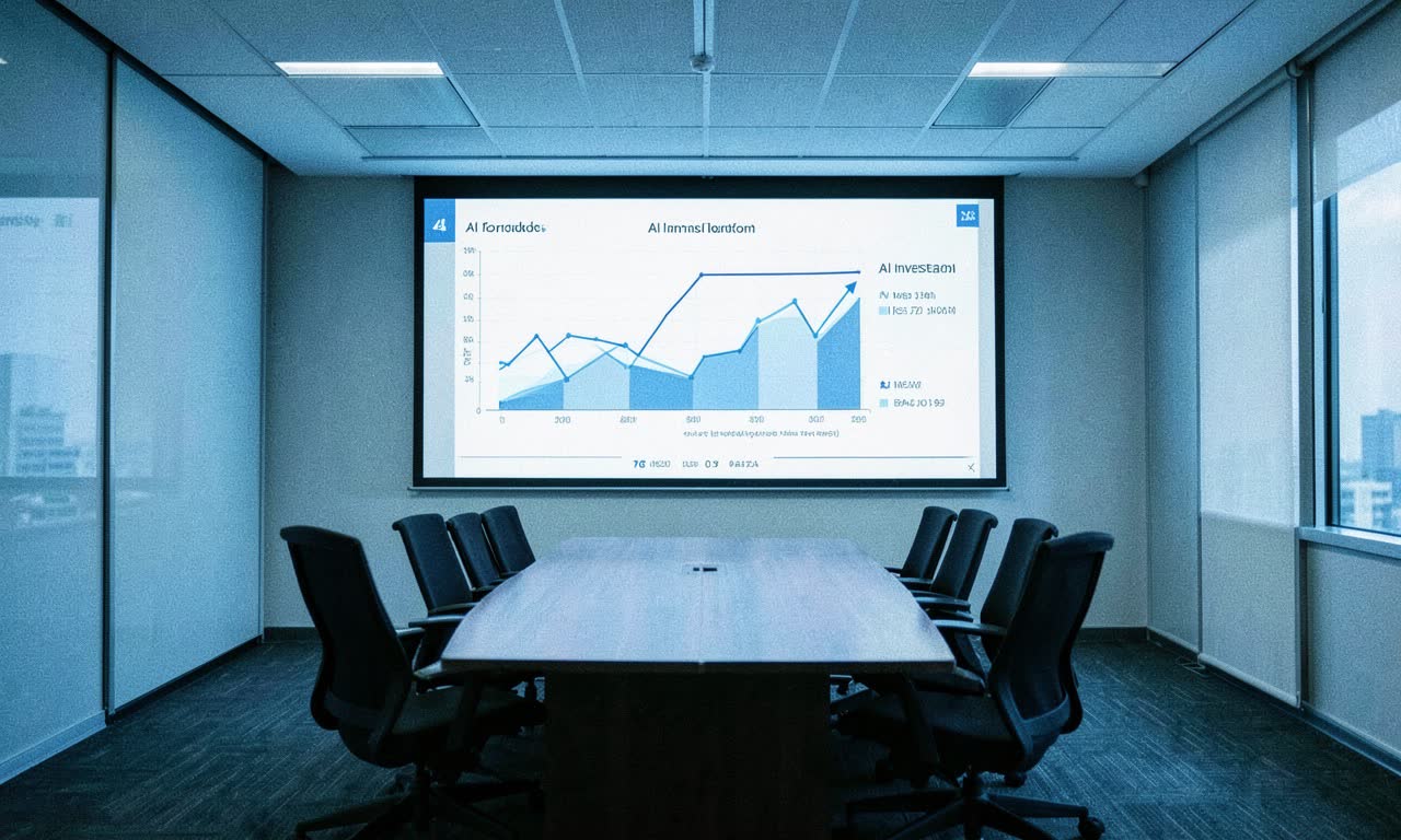 Corporate conference room with downward workforce graph on screen, empty chairs, cold blue overhead lighting, documentary style
